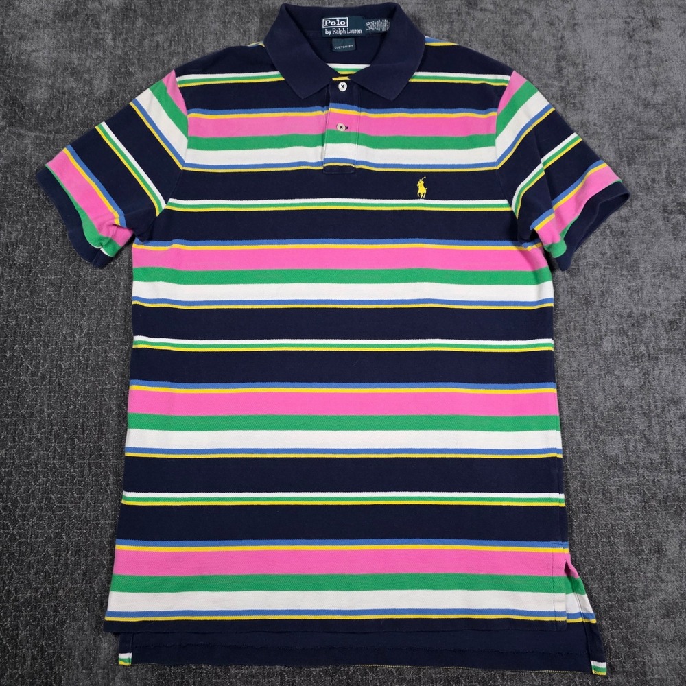 Vtg Polo Ralph Lauren Mens Large Custom Fit Striped Polo Shirt Navy Pink Green L